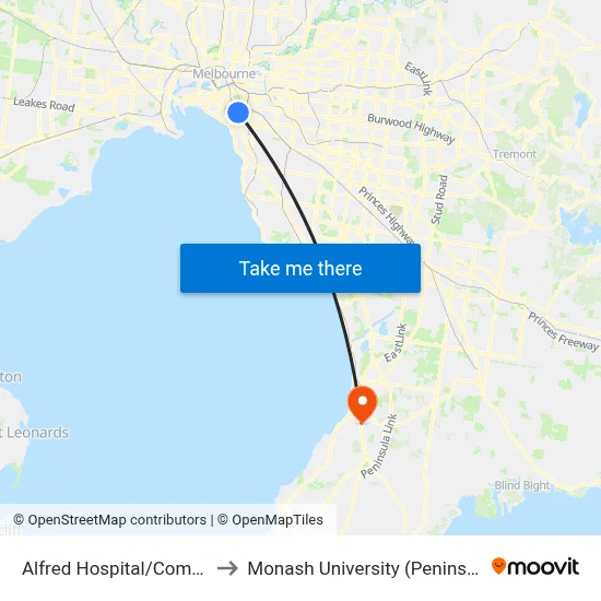 Alfred Hospital/Commercial Rd to Monash University (Peninsula Campus) map