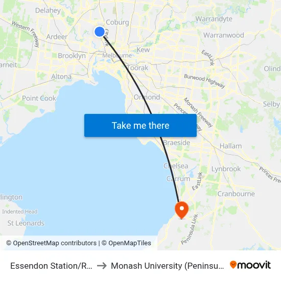 Essendon Station/Russell St to Monash University (Peninsula Campus) map