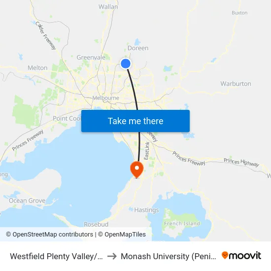 Westfield Plenty Valley/Mcdonalds Rd to Monash University (Peninsula Campus) map