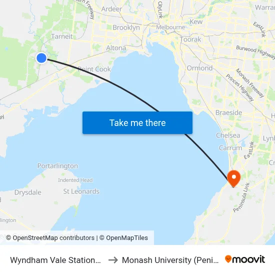 Wyndham Vale Station/Armstrong Rd to Monash University (Peninsula Campus) map