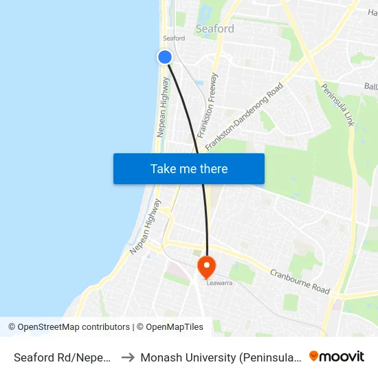 Seaford Rd/Nepean Hwy to Monash University (Peninsula Campus) map