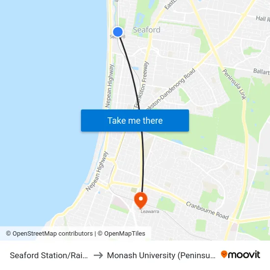 Seaford Station/Railway Pde to Monash University (Peninsula Campus) map