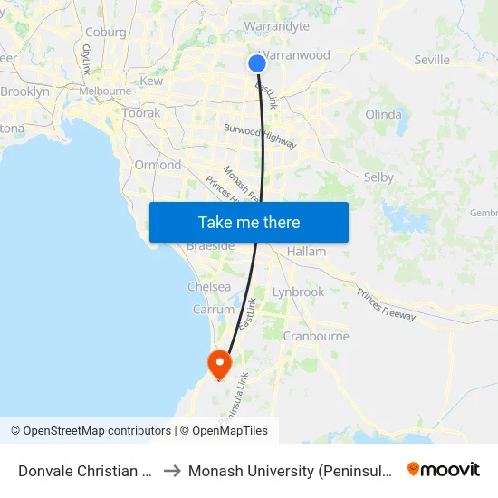 Donvale Christian College to Monash University (Peninsula Campus) map