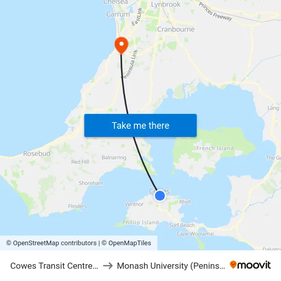 Cowes Transit Centre/Church St to Monash University (Peninsula Campus) map