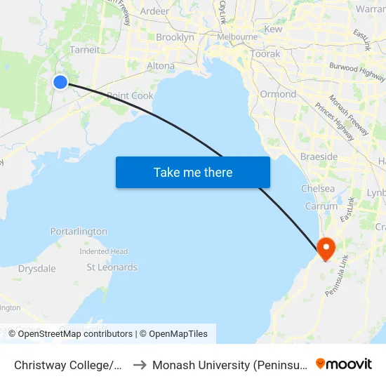 Christway College/Ballan Rd to Monash University (Peninsula Campus) map