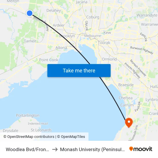 Woodlea Bvd/Frontier Ave to Monash University (Peninsula Campus) map