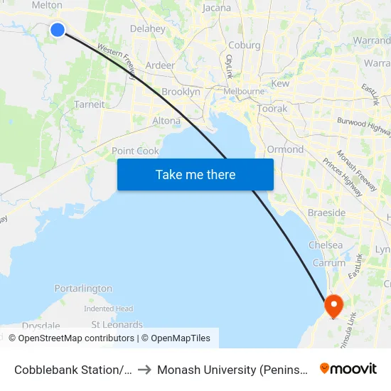 Cobblebank Station/Coach St to Monash University (Peninsula Campus) map