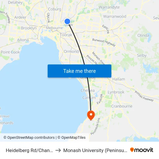 Heidelberg Rd/Chandler Hwy to Monash University (Peninsula Campus) map