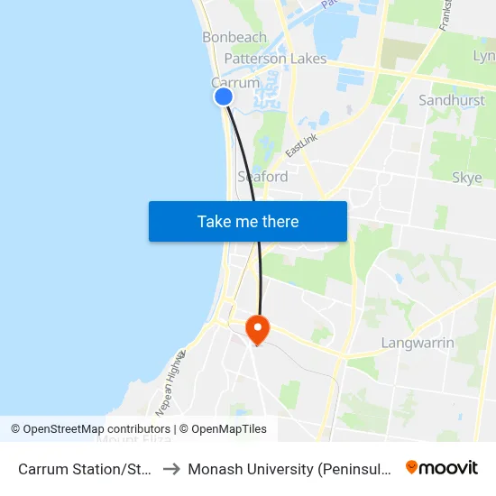 Carrum Station/Station St to Monash University (Peninsula Campus) map