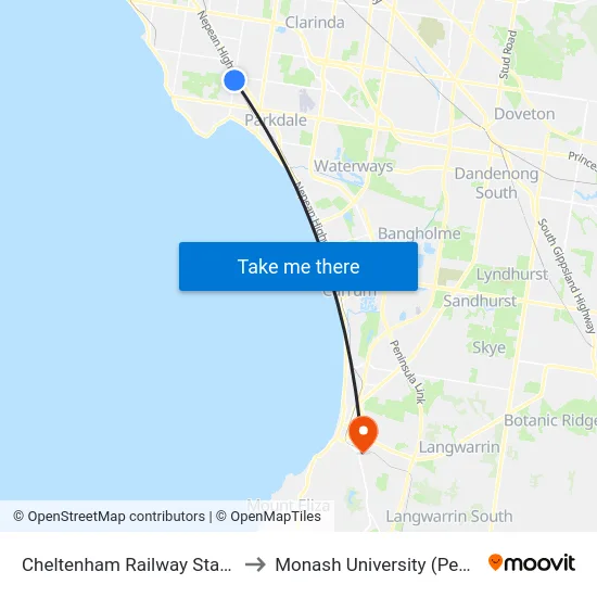 Cheltenham Railway Station/Charman Rd to Monash University (Peninsula Campus) map