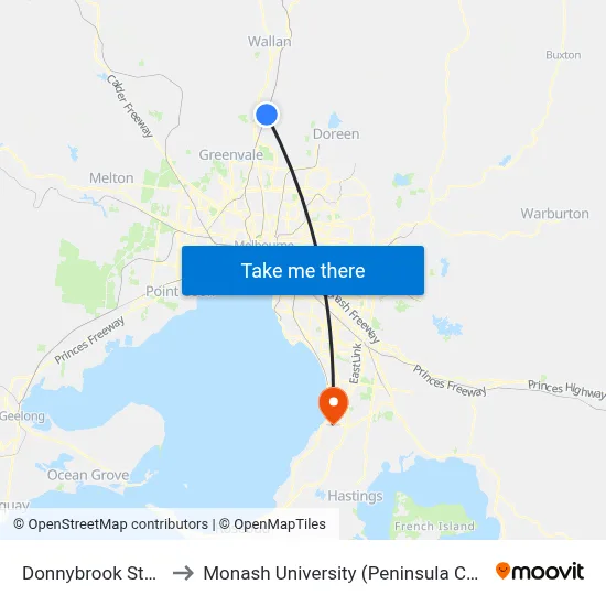 Donnybrook Station to Monash University (Peninsula Campus) map
