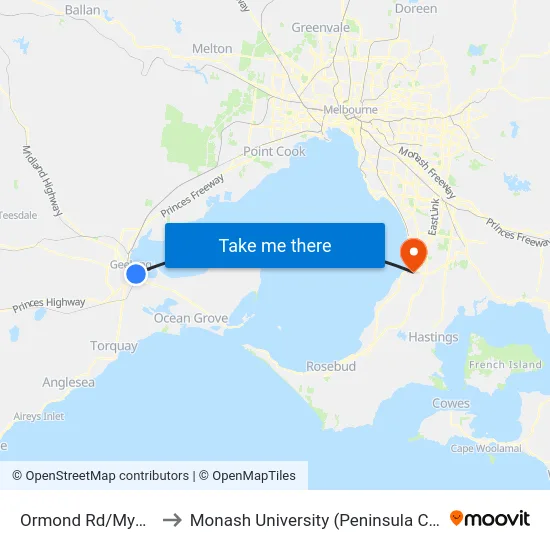 Ormond Rd/Myers St to Monash University (Peninsula Campus) map