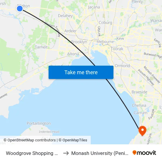 Woodgrove Shopping Centre/High St to Monash University (Peninsula Campus) map