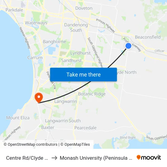 Centre Rd/Clyde Rd Rd to Monash University (Peninsula Campus) map