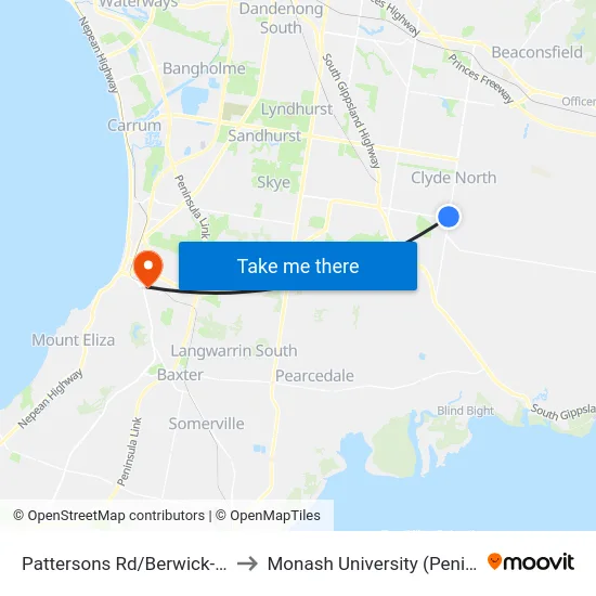 Pattersons Rd/Berwick-Cranbourne Rd to Monash University (Peninsula Campus) map