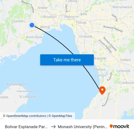 Bolivar Esplanade Park/Bolivar Esp to Monash University (Peninsula Campus) map