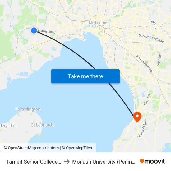 Tarneit Senior College/Leakes Rd to Monash University (Peninsula Campus) map