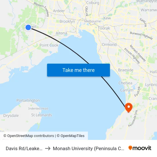 Davis Rd/Leakes Rd to Monash University (Peninsula Campus) map
