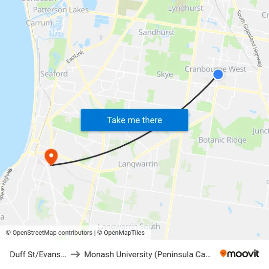 Duff St/Evans Rd to Monash University (Peninsula Campus) map