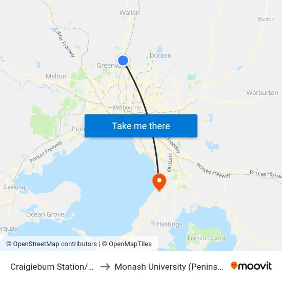 Craigieburn Station/Walters St to Monash University (Peninsula Campus) map