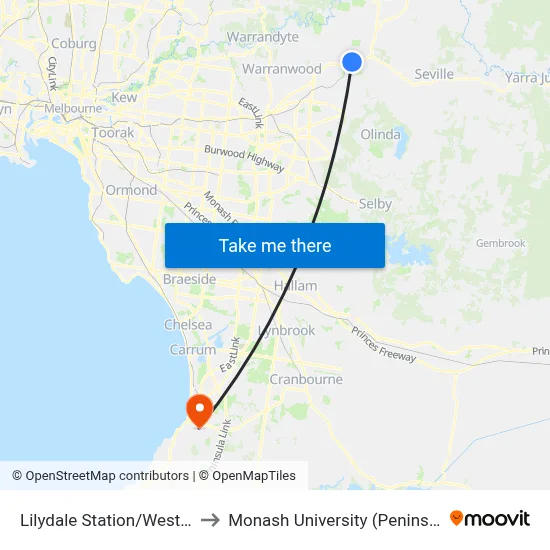 Lilydale Station/West William St to Monash University (Peninsula Campus) map