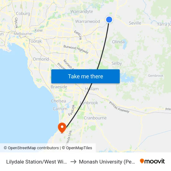 Lilydale Station/West William St to Monash University (Peninsula Campus) map