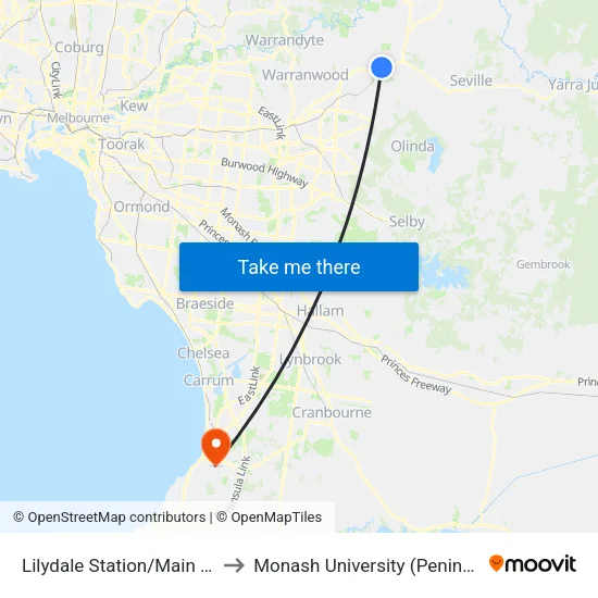 Lilydale Station/Main St to Monash University (Peninsula Campus) map