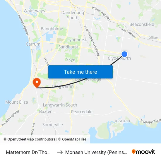 Matterhorn Dr/Thompsons Rd to Monash University (Peninsula Campus) map