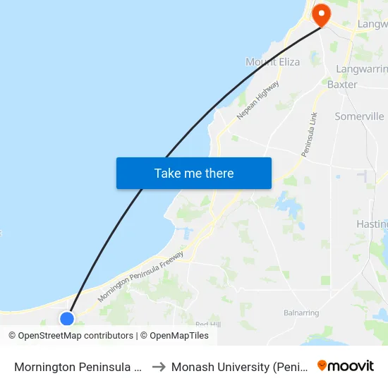 Mornington Peninsula Fwy/Boneo Rd to Monash University (Peninsula Campus) map