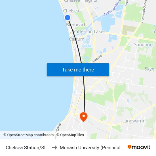 Chelsea Station/Station St to Monash University (Peninsula Campus) map