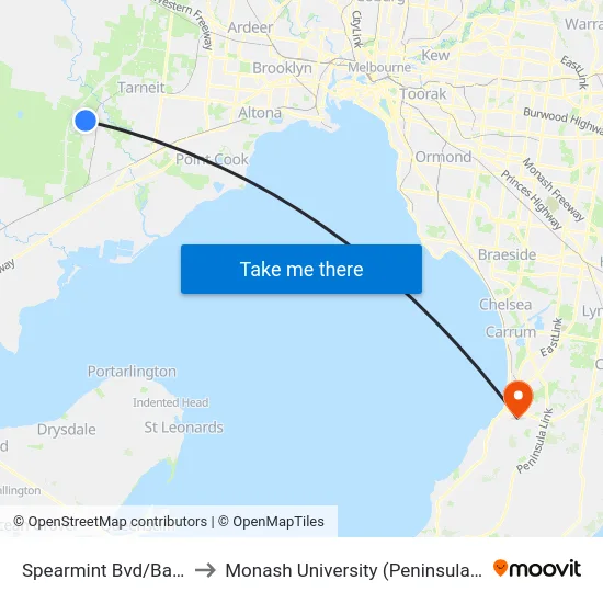 Spearmint Bvd/Ballan Rd to Monash University (Peninsula Campus) map