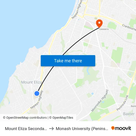 Mount Eliza Secondary College to Monash University (Peninsula Campus) map