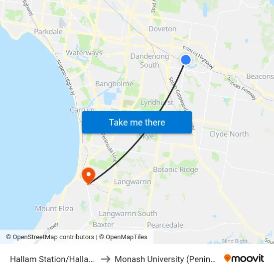 Hallam Station/Hallam South Rd to Monash University (Peninsula Campus) map