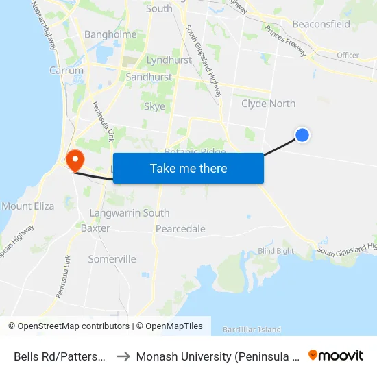 Bells Rd/Pattersons Rd to Monash University (Peninsula Campus) map