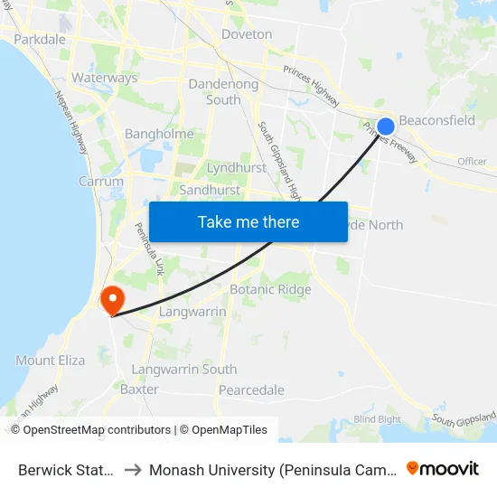 Berwick Station to Monash University (Peninsula Campus) map