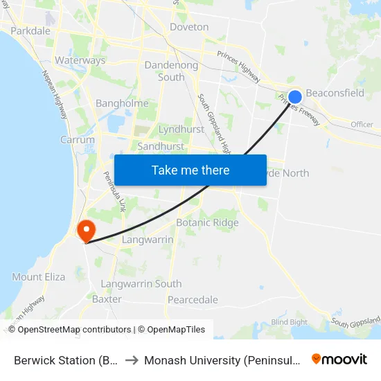 Berwick Station to Monash University (Peninsula Campus) map