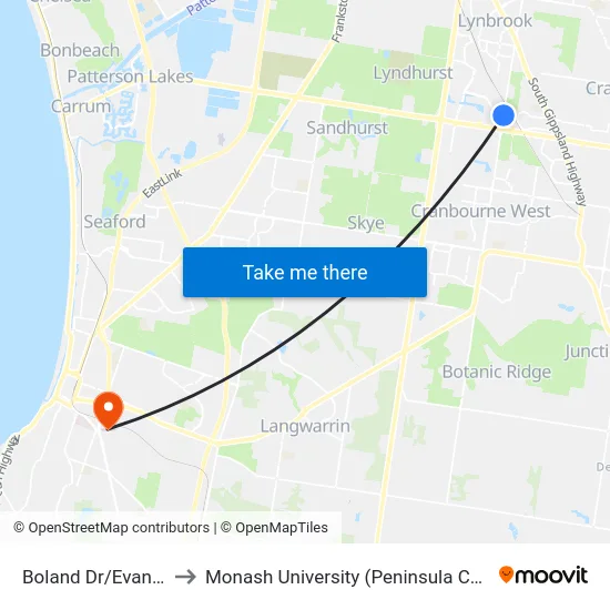 Boland Dr/Evans Rd to Monash University (Peninsula Campus) map