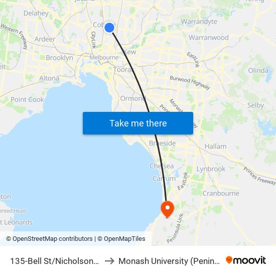 135-Bell St/Nicholson St (Coburg) to Monash University (Peninsula Campus) map