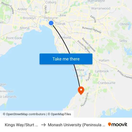 Kings Way/Sturt St #20 to Monash University (Peninsula Campus) map