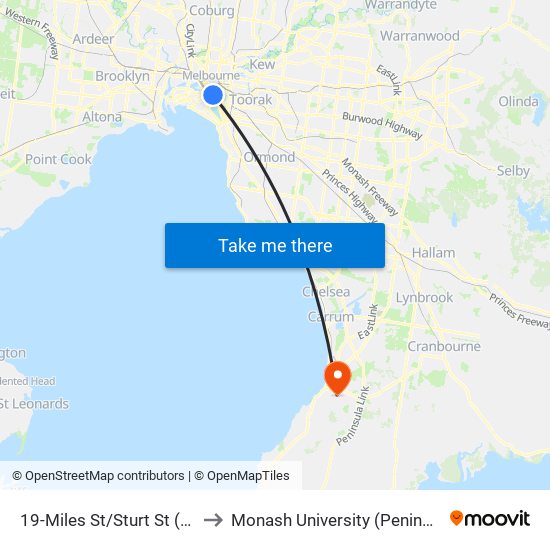 19-Miles St/Sturt St (Southbank) to Monash University (Peninsula Campus) map