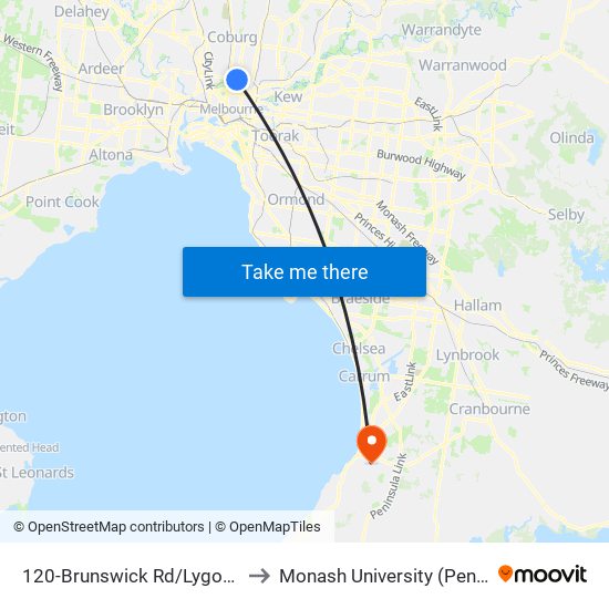 120-Brunswick Rd/Lygon St (Brunswick) to Monash University (Peninsula Campus) map