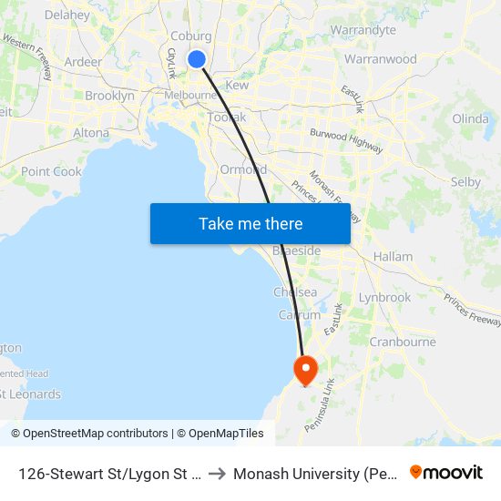 126-Stewart St/Lygon St (Brunswick East) to Monash University (Peninsula Campus) map