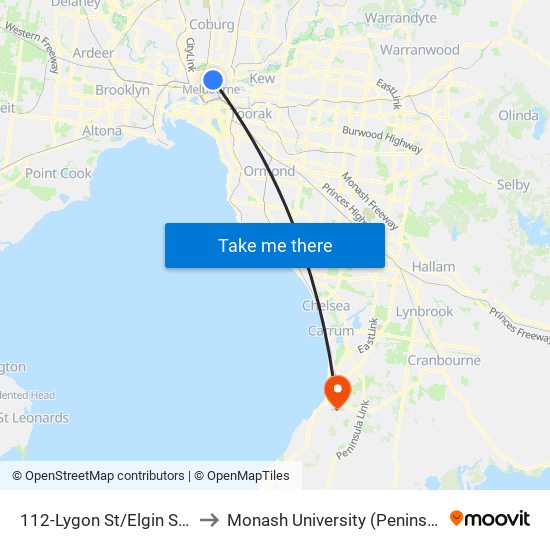 112-Lygon St/Elgin St (Carlton) to Monash University (Peninsula Campus) map