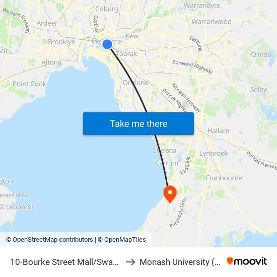 10-Bourke Street Mall/Swanston St (Melbourne City) to Monash University (Peninsula Campus) map