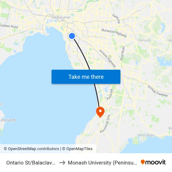 Ontario St/Balaclava Rd #44 to Monash University (Peninsula Campus) map