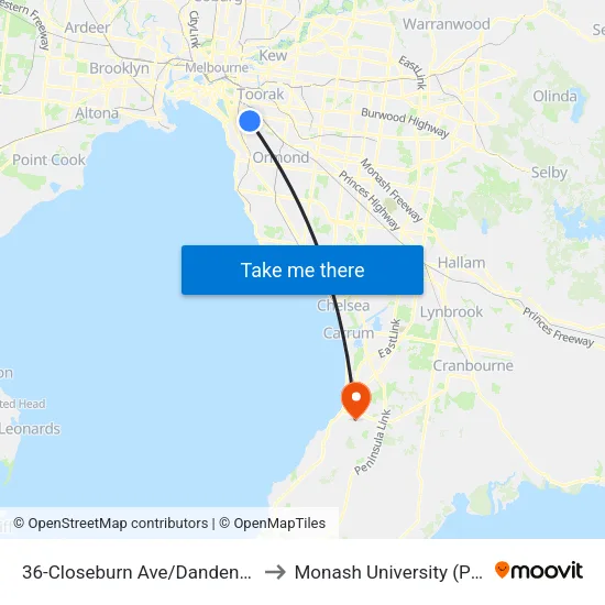 Closeburn Ave/Dandenong Rd #36 to Monash University (Peninsula Campus) map