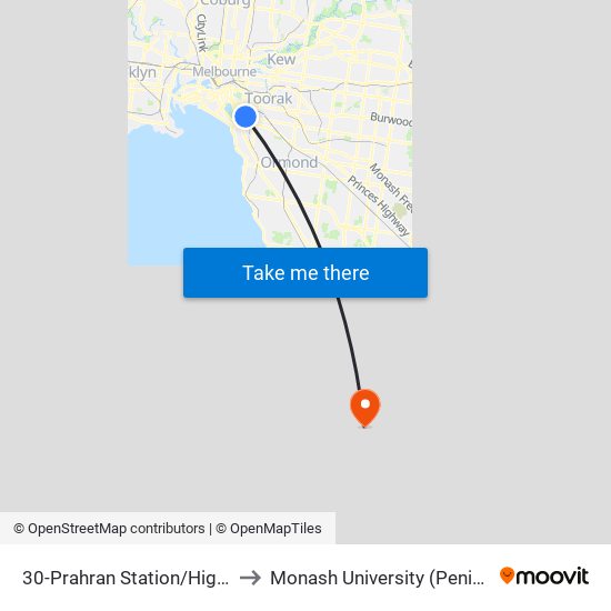 30-Prahran Station/High St (Prahran) to Monash University (Peninsula Campus) map