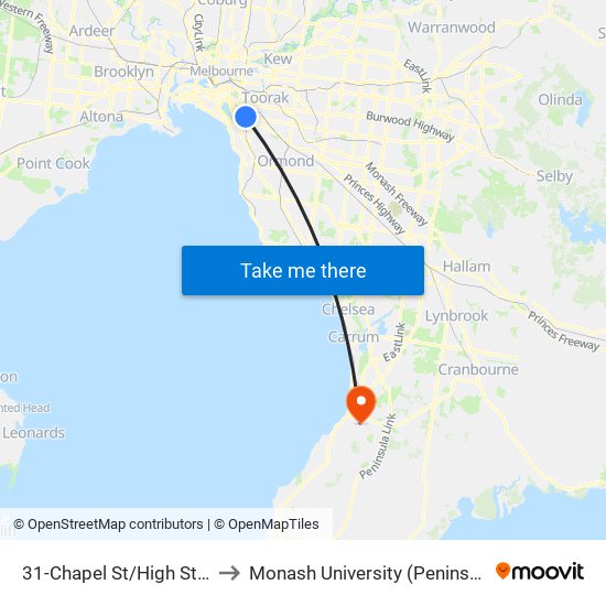 31-Chapel St/High St (Prahran) to Monash University (Peninsula Campus) map