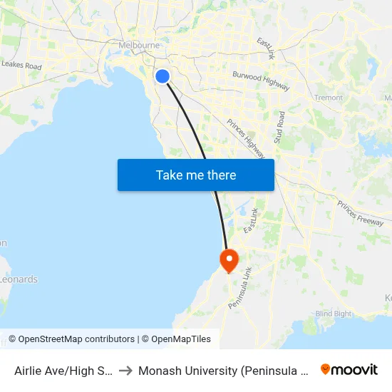 Airlie Ave/High St #37 to Monash University (Peninsula Campus) map