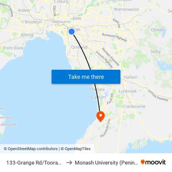 133-Grange Rd/Toorak Rd (Toorak) to Monash University (Peninsula Campus) map